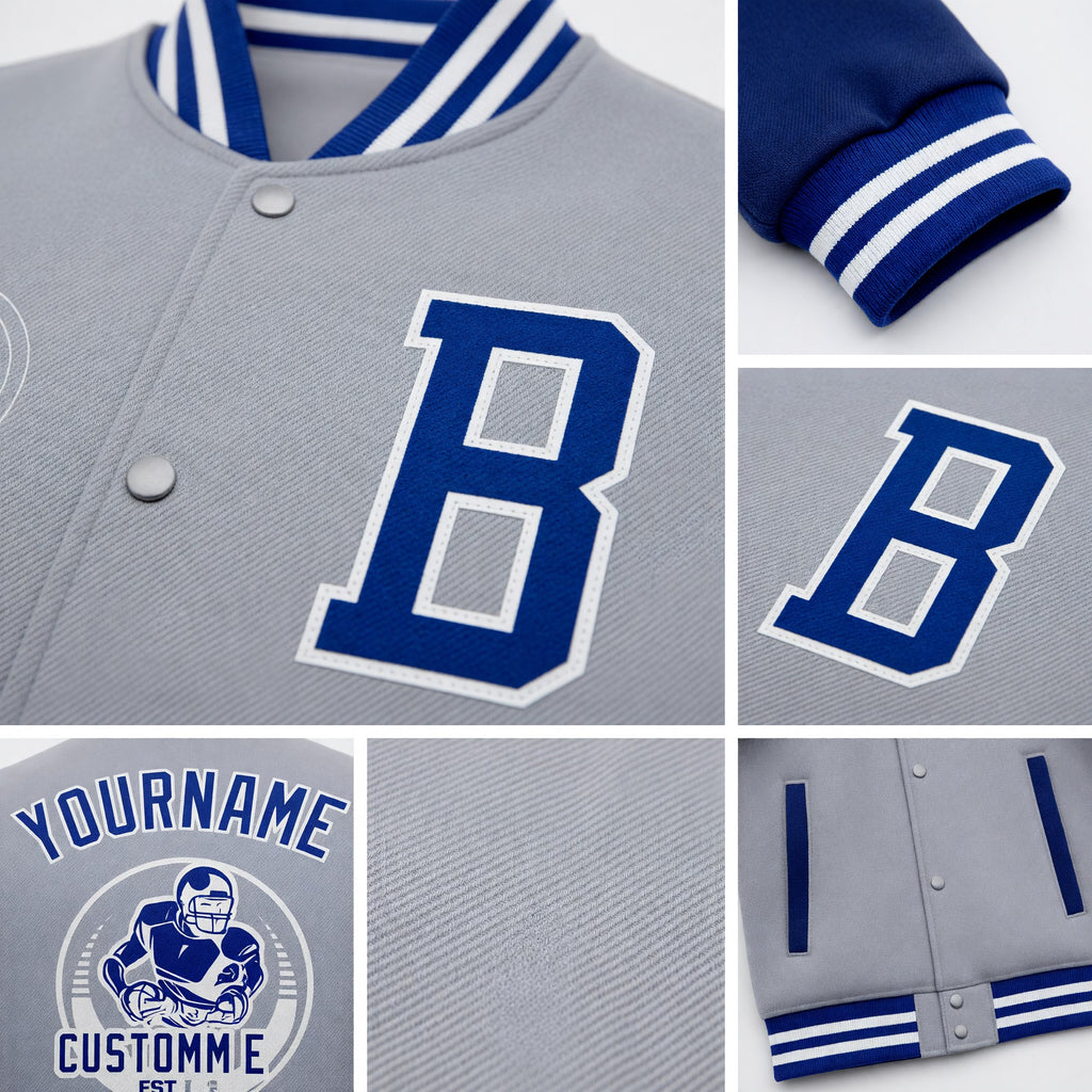 Custom Gray Royal-White Bomber Full-Snap Varsity Letterman Two Tone Jacket detail