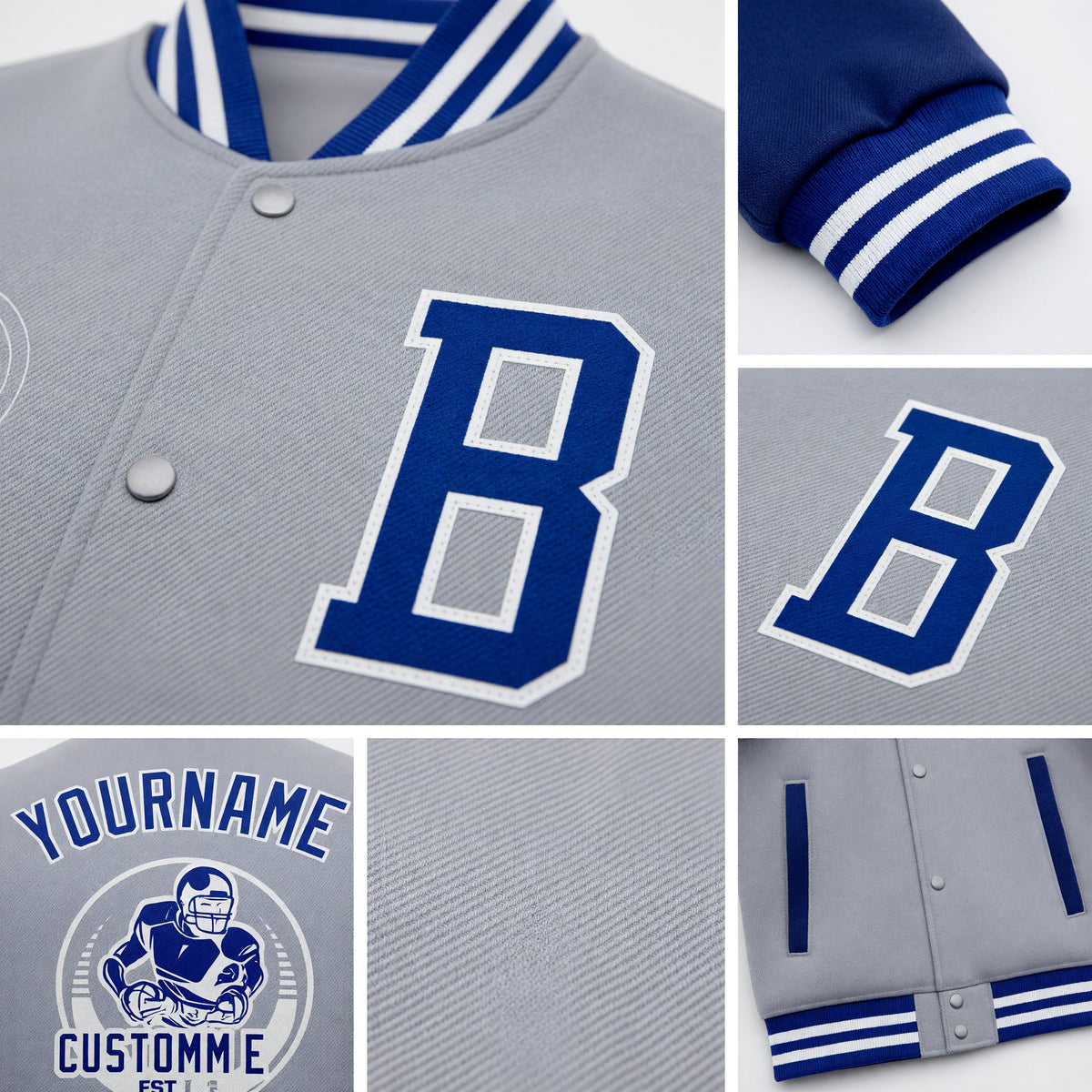 Custom Gray Royal-White Bomber Full-Snap Varsity Letterman Two Tone Jacket detail