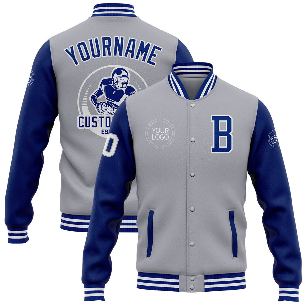 Custom Gray Royal-White Bomber Full-Snap Varsity Letterman Two Tone Jacket photo 1