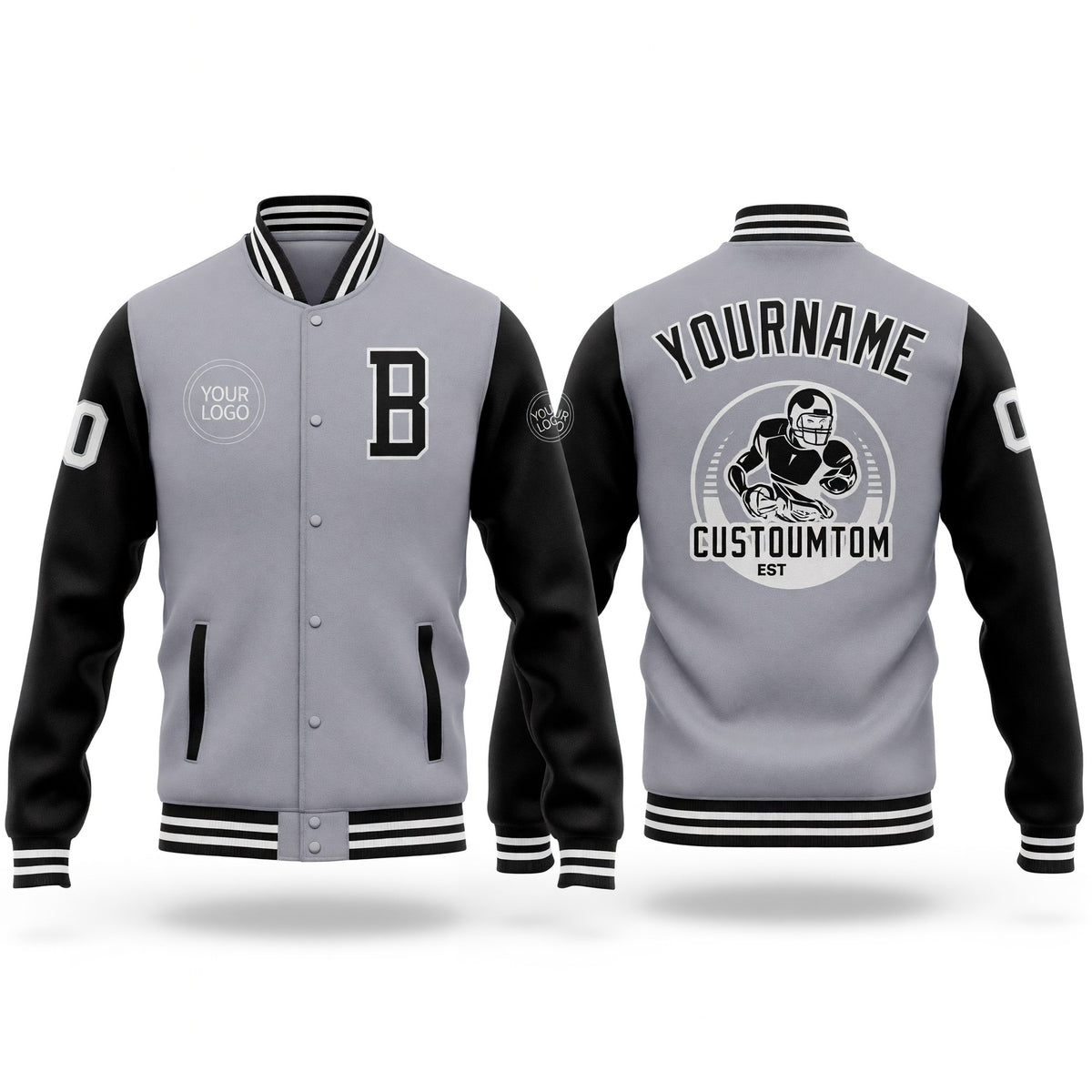 Custom Gray Black-White Bomber Full-Snap Varsity Letterman Two Tone Jacket
