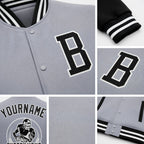 Custom Gray Black-White Bomber Full-Snap Varsity Letterman Two Tone Jacket detail