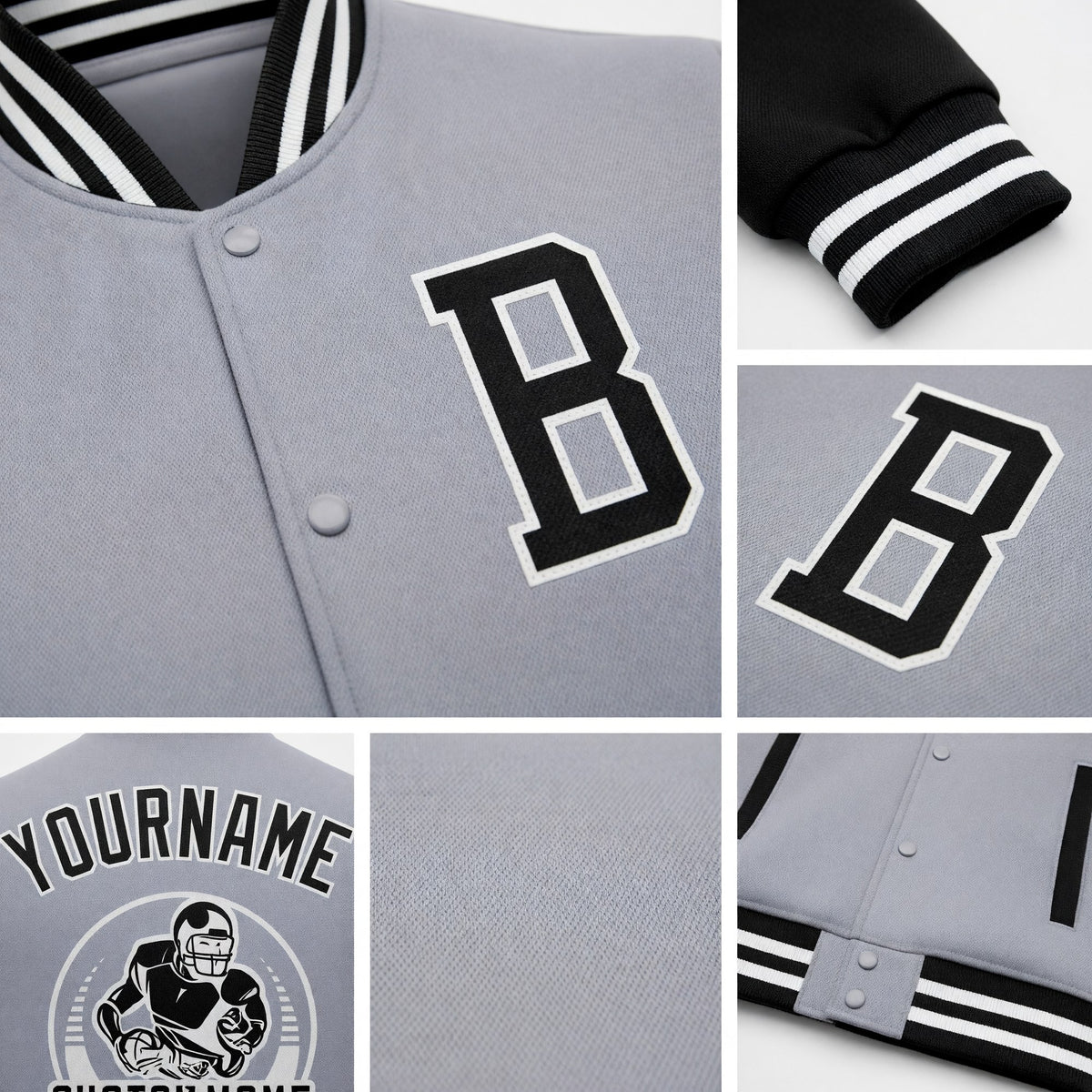 Custom Gray Black-White Bomber Full-Snap Varsity Letterman Two Tone Jacket detail