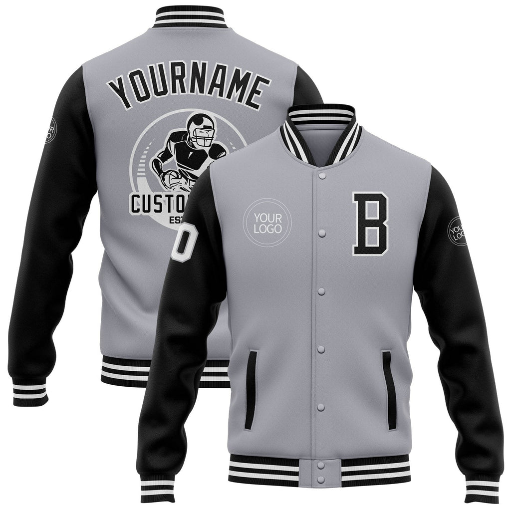 Custom Gray Black-White Bomber Full-Snap Varsity Letterman Two Tone Jacket photo 1