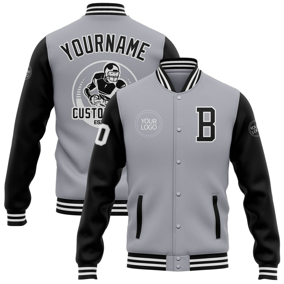 Custom Gray Black-White Bomber Full-Snap Varsity Letterman Two Tone Jacket photo 1