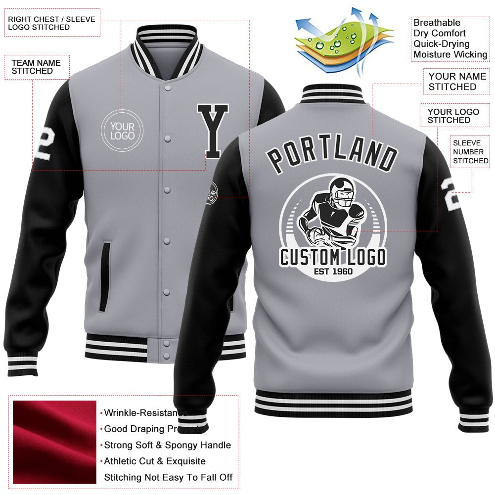 Custom Gray Black-White Bomber Full-Snap Varsity Letterman Two Tone Jacket photo 5