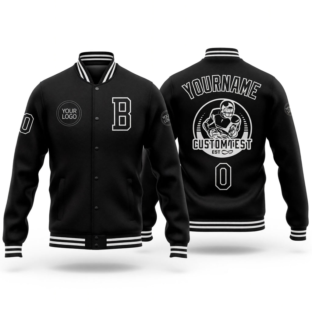 Custom Black White Bomber Full-Snap Varsity Letterman Jacket