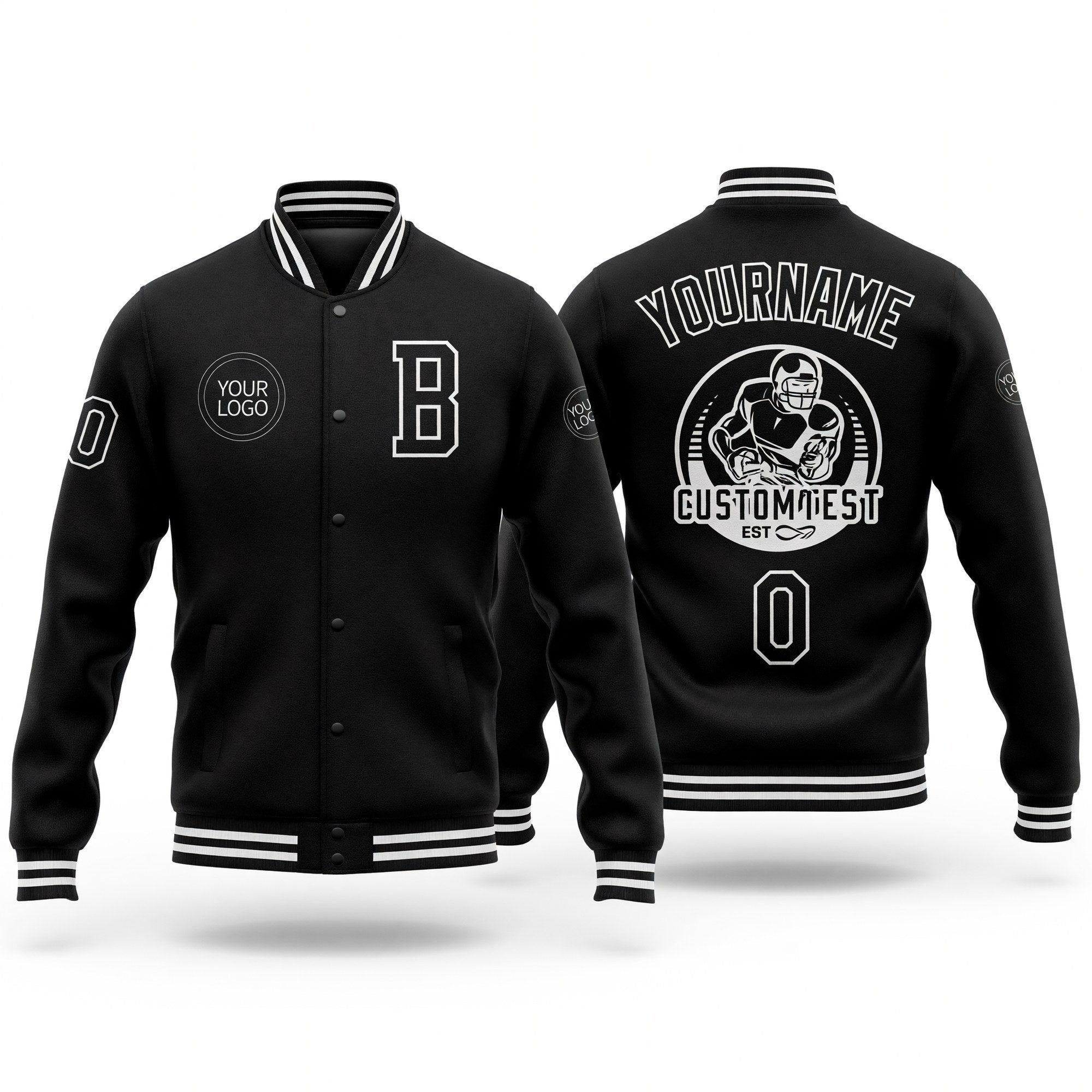 Custom Black White Bomber Full-Snap Varsity Letterman Jacket