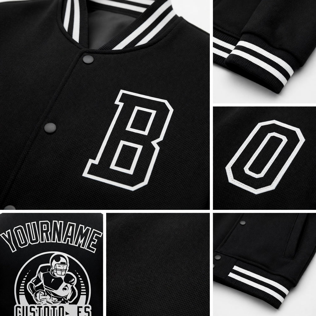 Custom Black White Bomber Full-Snap Varsity Letterman Jacket detail