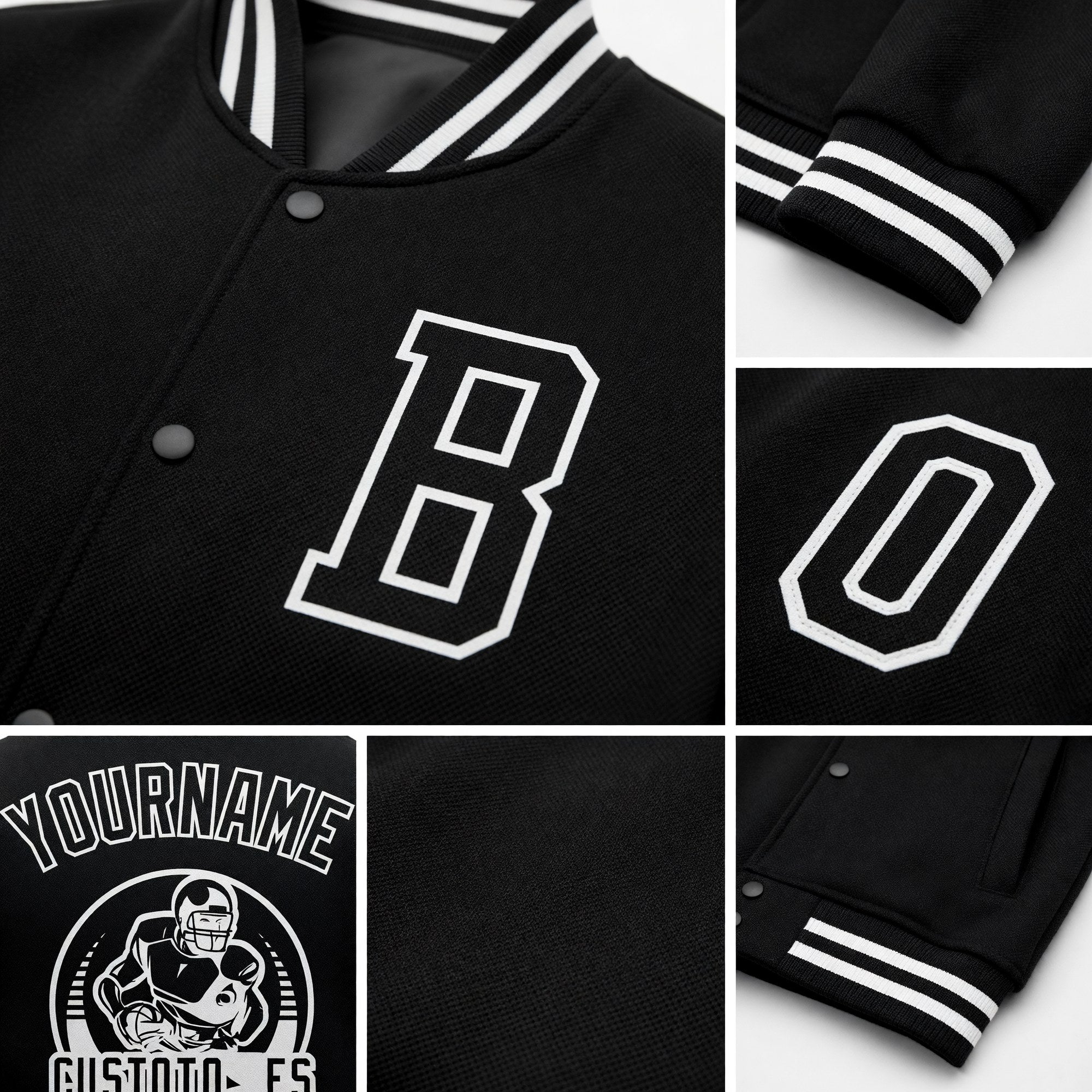 Custom Black White Bomber Full-Snap Varsity Letterman Jacket detail