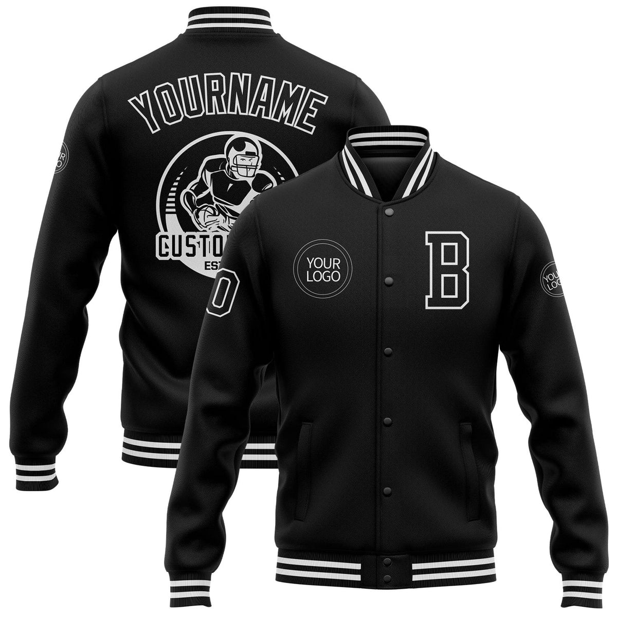 Custom Black White Bomber Full-Snap Varsity Letterman Jacket photo 1