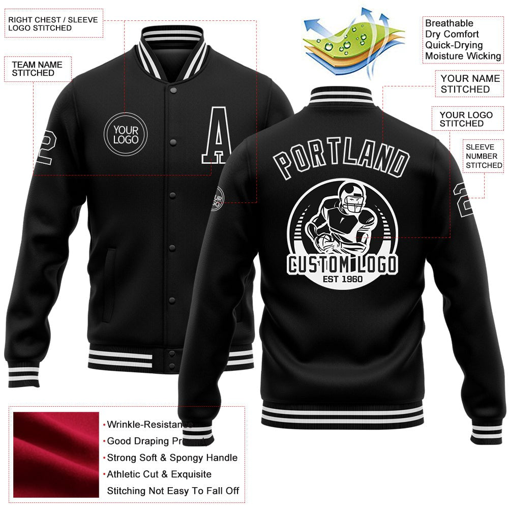 Custom Black White Bomber Full-Snap Varsity Letterman Jacket photo 5