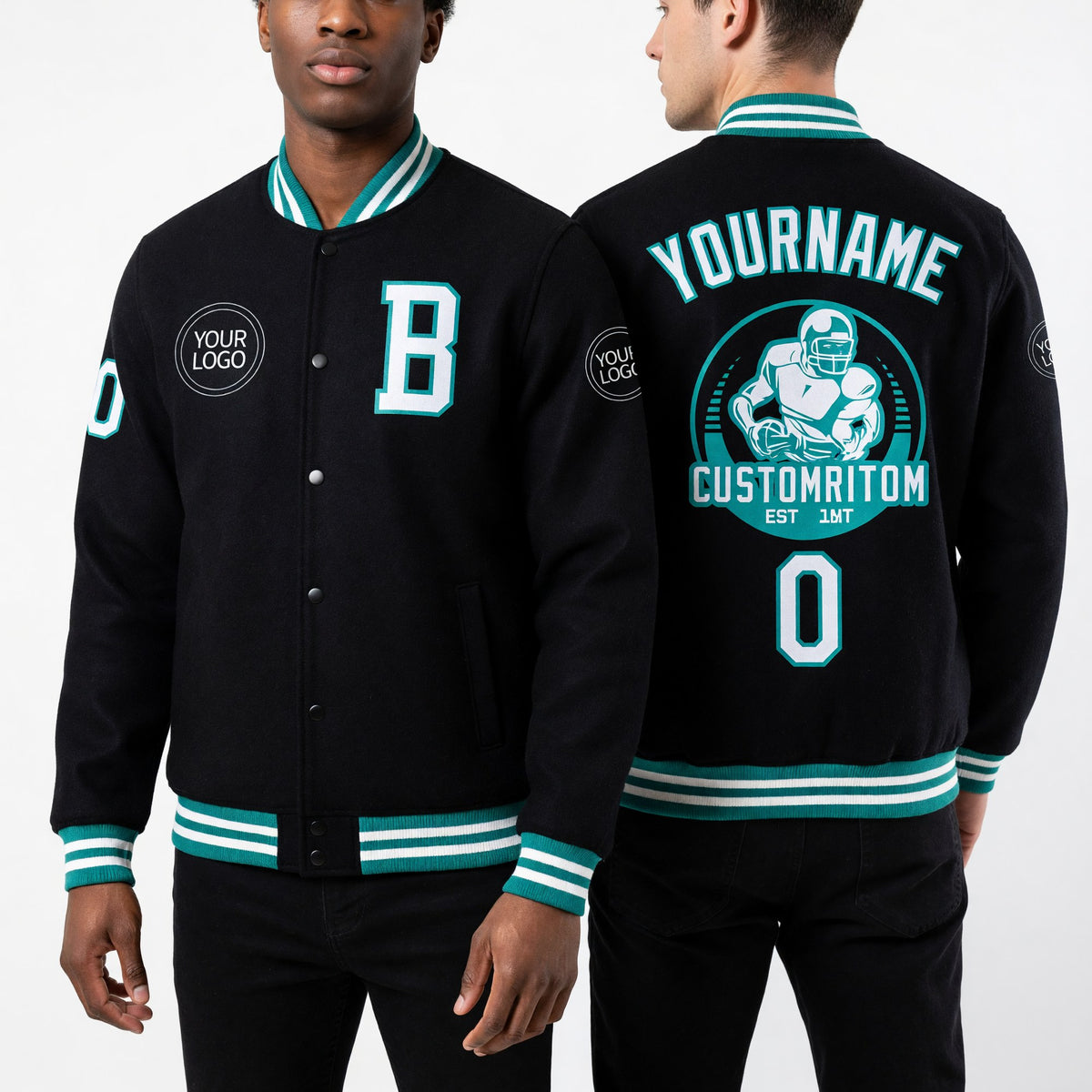 Custom Black White-Aqua Bomber Full-Snap Varsity Letterman Jacket worn front and back