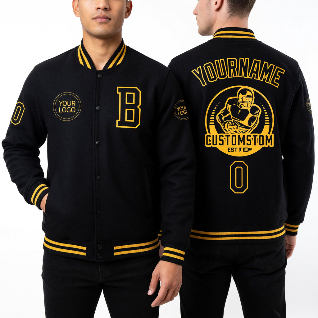 Custom Black Old Gold Bomber Full-Snap Varsity Letterman Jacket worn front and back
