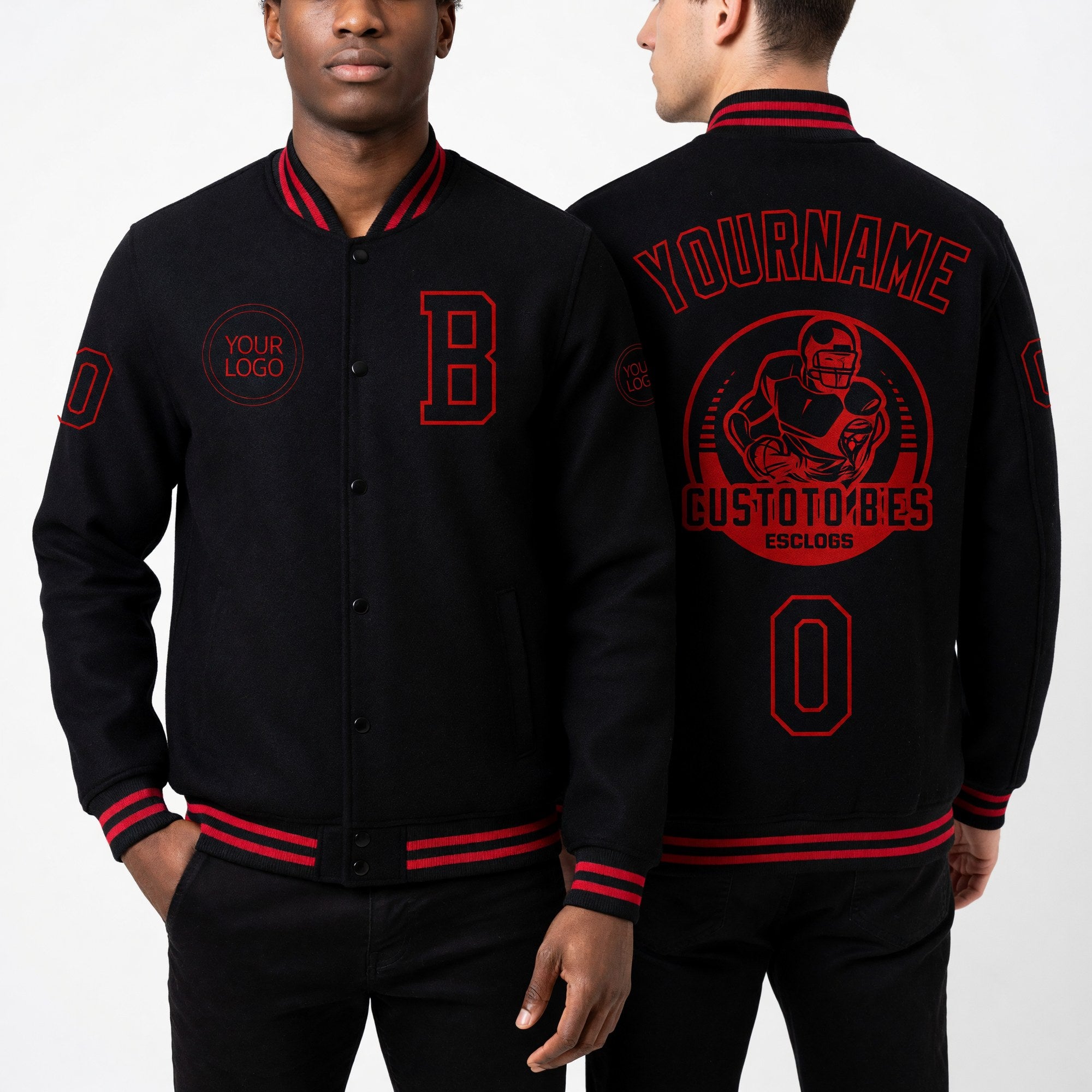 Custom Black Red Bomber Full-Snap Varsity Letterman Jacket worn front and back