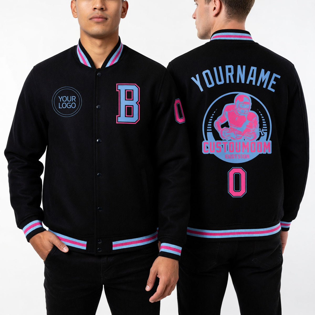 Custom Black Light Blue-Pink Bomber Full-Snap Varsity Letterman Jacket worn front and back