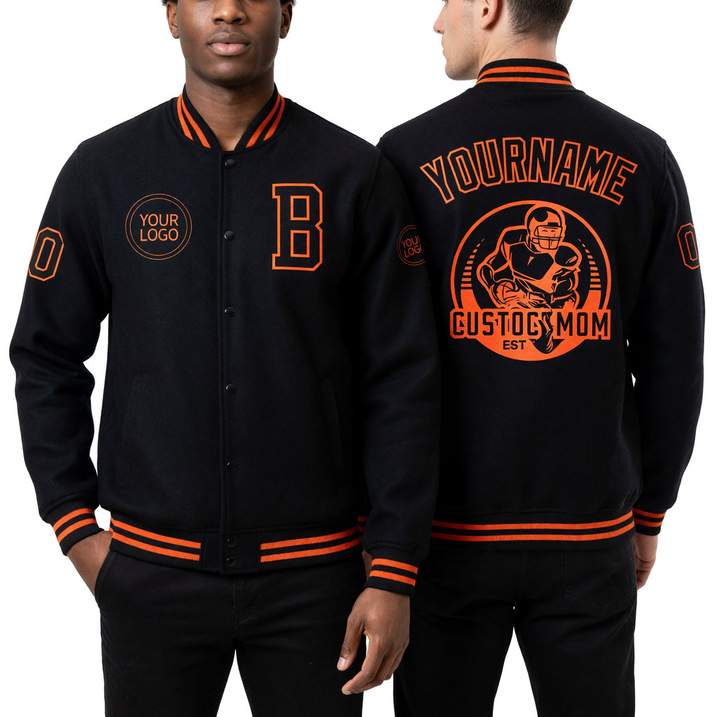 Custom Black Orange Bomber Full-Snap Varsity Letterman Jacket worn front and back