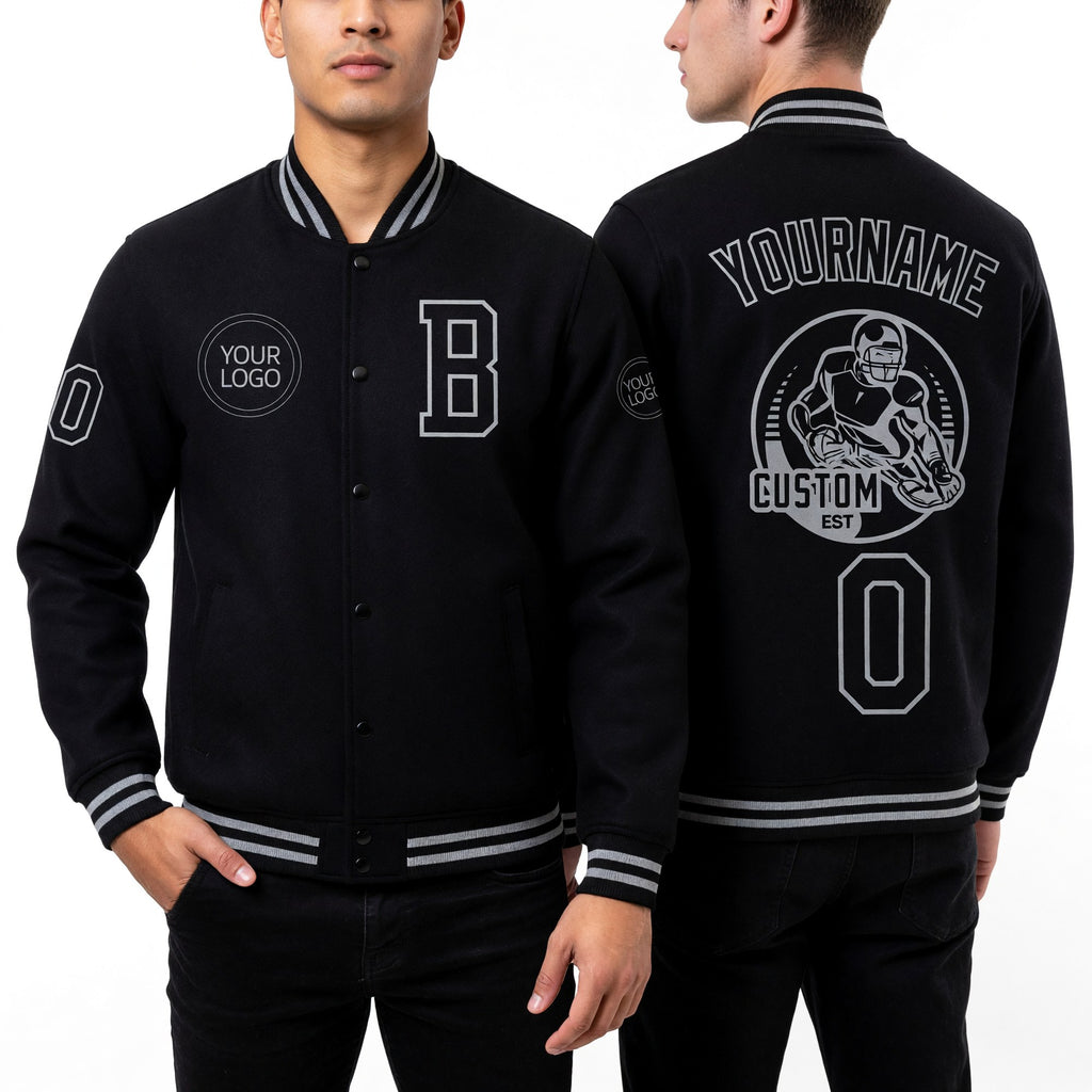 Custom Black Gray Bomber Full-Snap Varsity Letterman Jacket worn front and back
