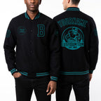 Custom Black Teal Bomber Full-Snap Varsity Letterman Jacket worn front and back