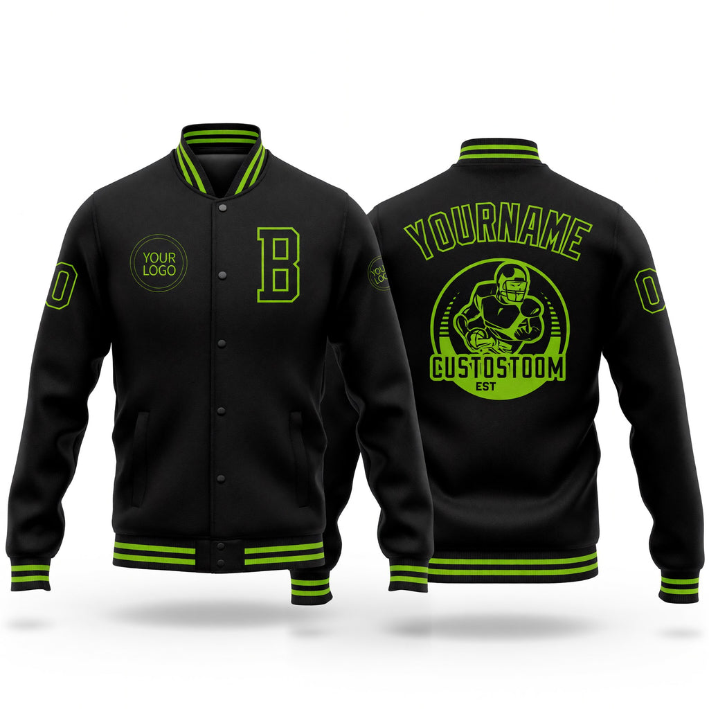 Custom Black Neon Green Bomber Full-Snap Varsity Letterman Jacket