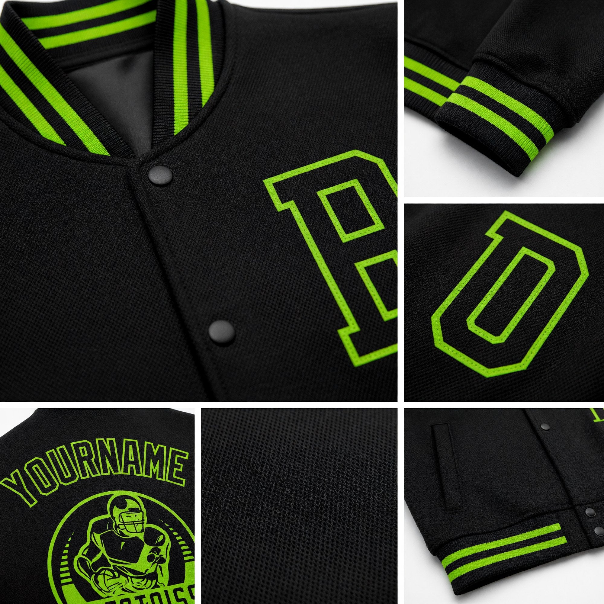 Custom Black Neon Green Bomber Full-Snap Varsity Letterman Jacket detail