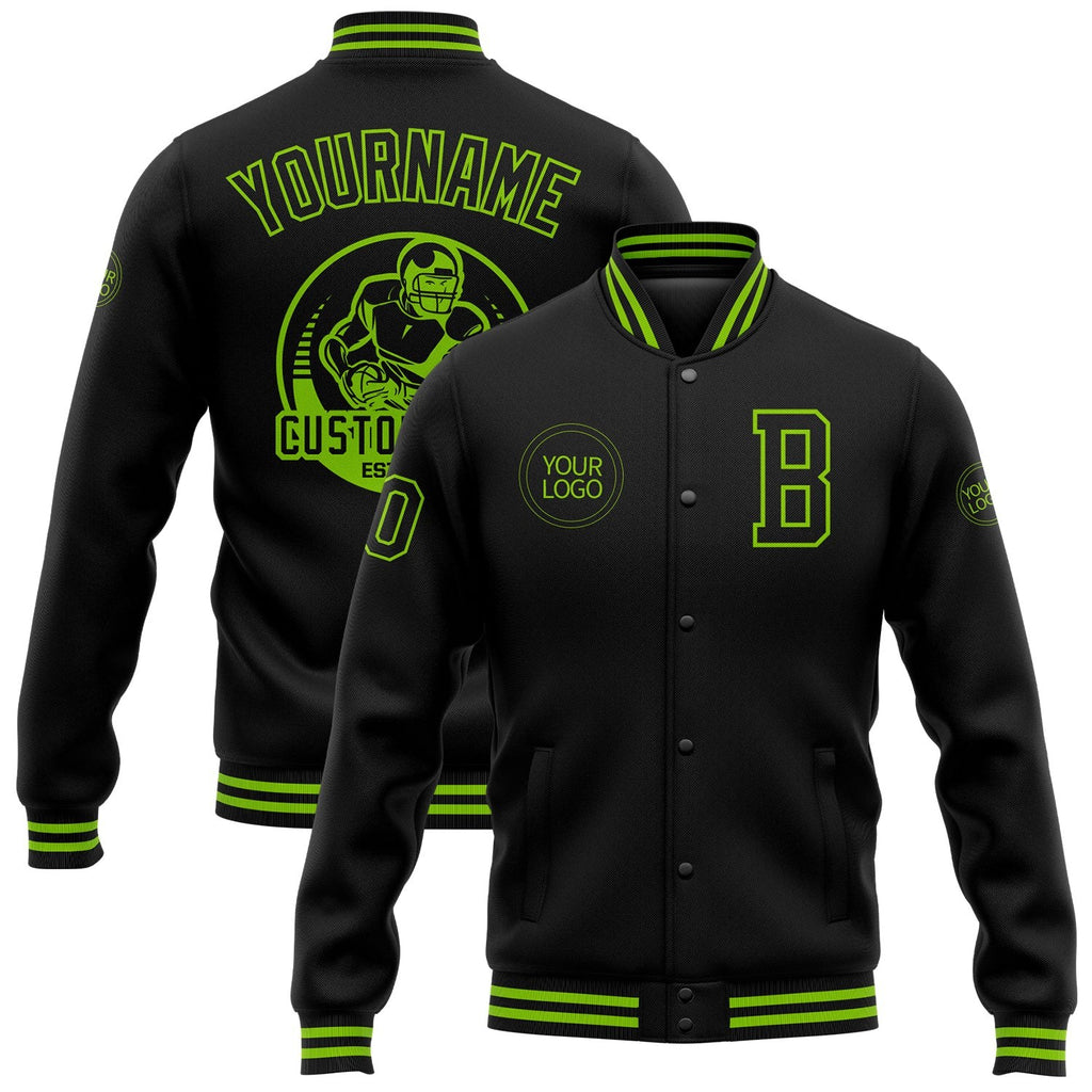 Custom Black Neon Green Bomber Full-Snap Varsity Letterman Jacket photo 1