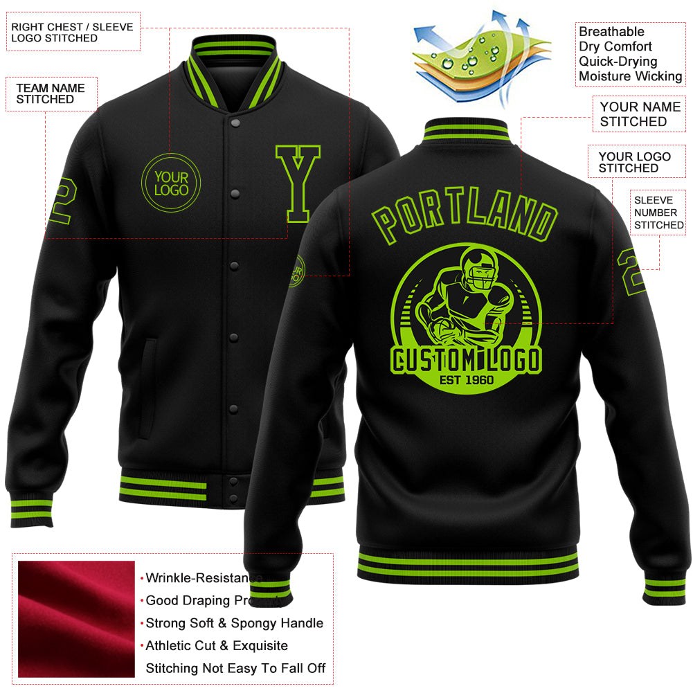 Custom Black Neon Green Bomber Full-Snap Varsity Letterman Jacket photo 5