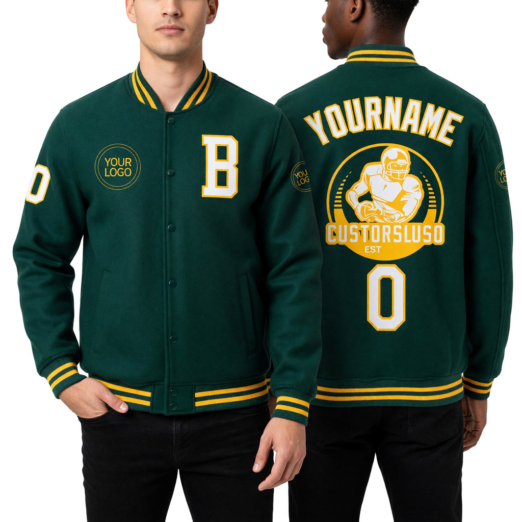 Custom Green White-Gold Bomber Full-Snap Varsity Letterman Jacket worn front and back