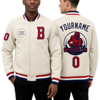 Custom Cream Red-Navy Bomber Full-Snap Varsity Letterman Jacket worn front and back