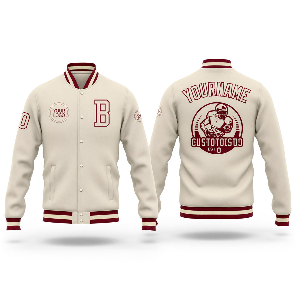 Custom Cream Maroon Bomber Full-Snap Varsity Letterman Jacket