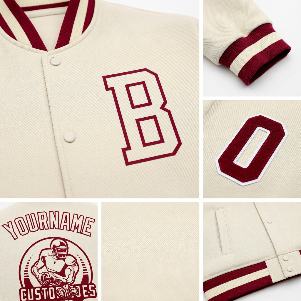Custom Cream Maroon Bomber Full-Snap Varsity Letterman Jacket detail