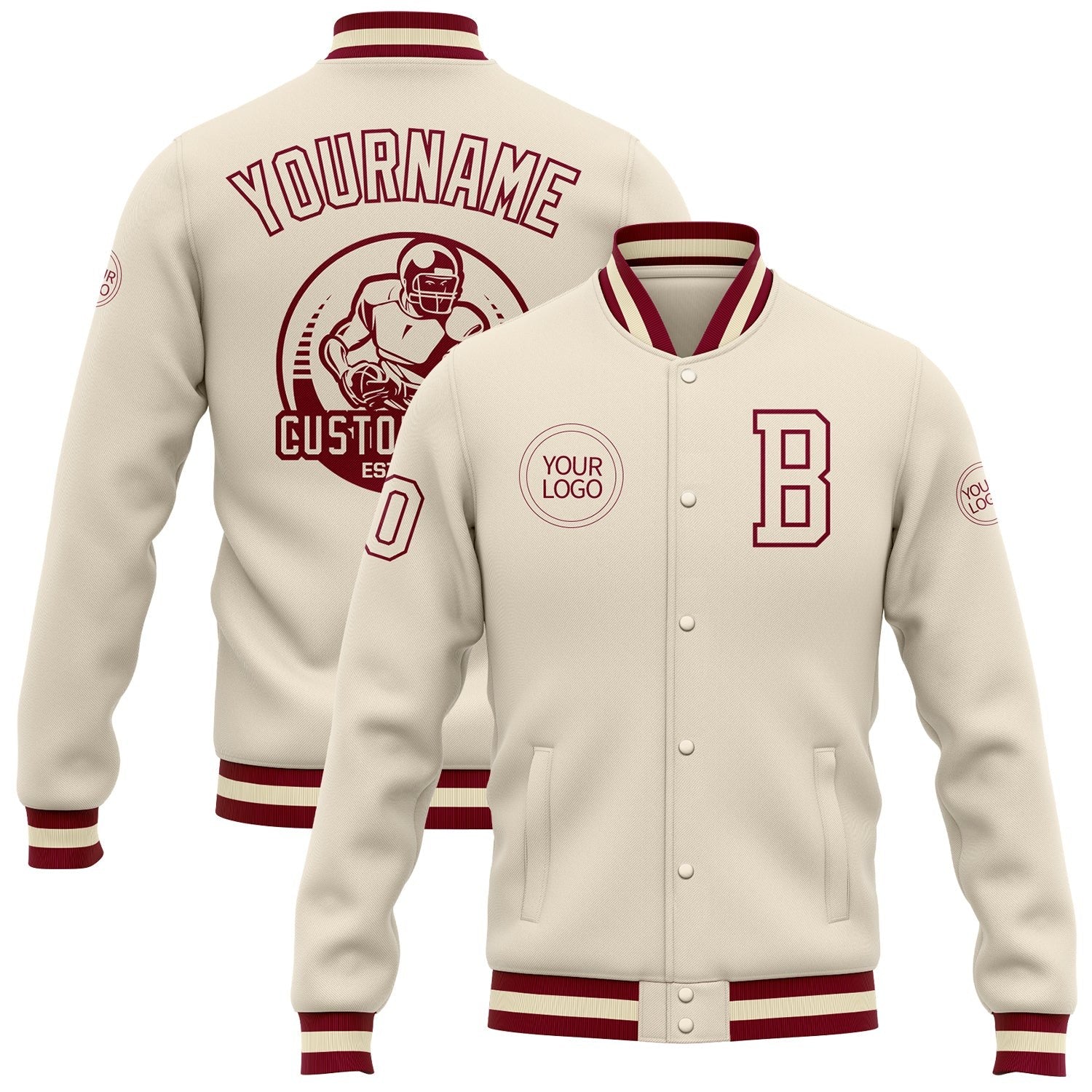 Custom Cream Maroon Bomber Full-Snap Varsity Letterman Jacket photo 1