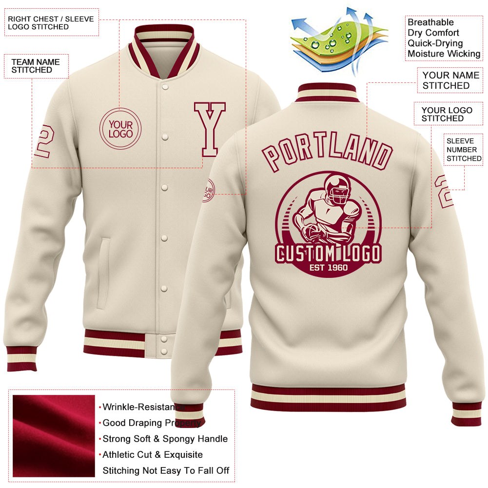 Custom Cream Maroon Bomber Full-Snap Varsity Letterman Jacket photo 5