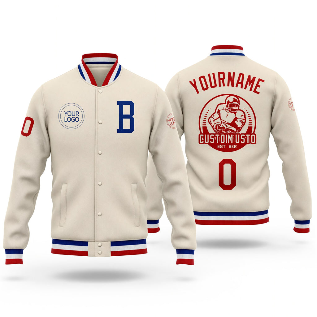 Custom Cream Royal-Red Bomber Full-Snap Varsity Letterman Jacket