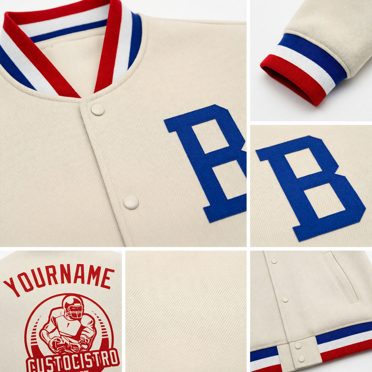 Custom Cream Royal-Red Bomber Full-Snap Varsity Letterman Jacket detail