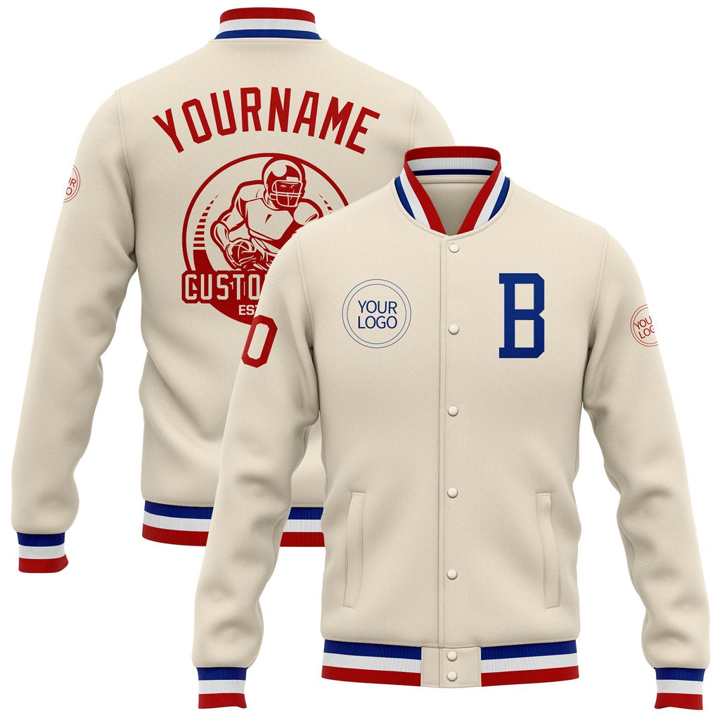 Custom Cream Royal-Red Bomber Full-Snap Varsity Letterman Jacket photo 1