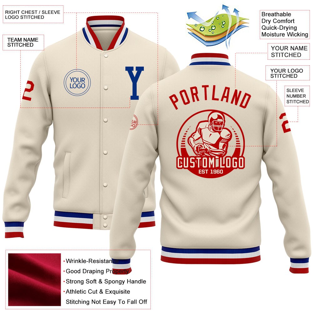 Custom Cream Royal-Red Bomber Full-Snap Varsity Letterman Jacket photo 5