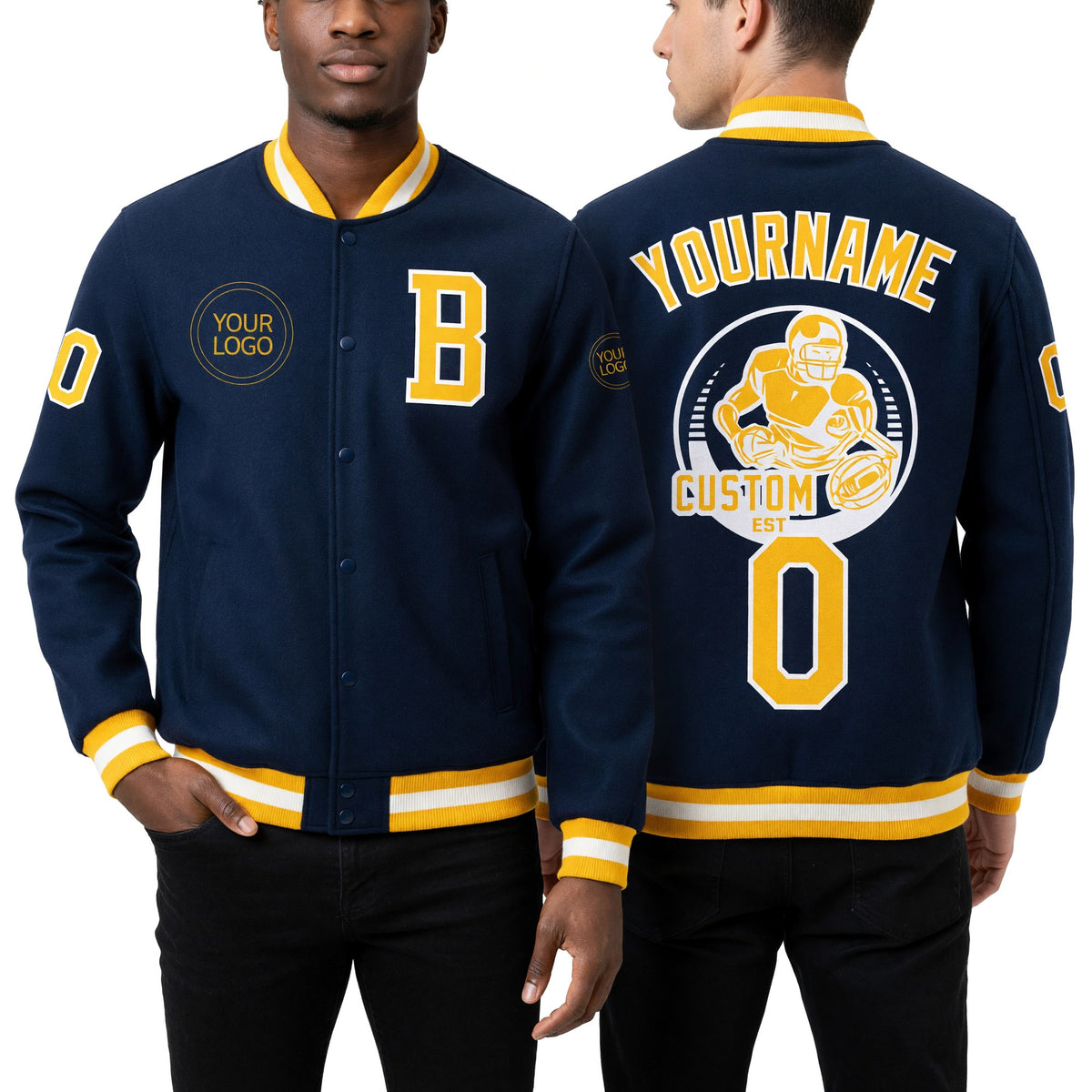 Custom Royal Gold-White Bomber Full-Snap Varsity Letterman Jacket worn front and back