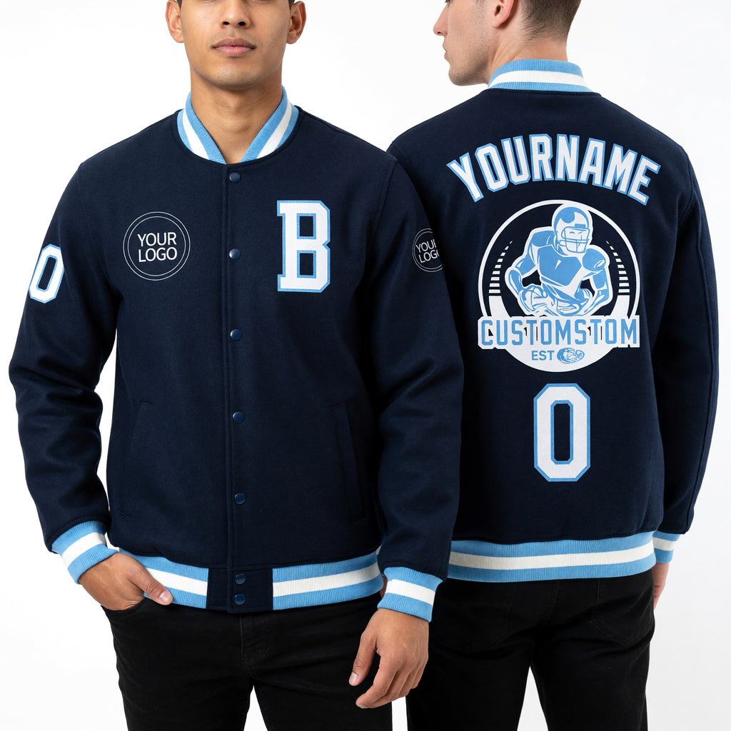Custom Royal White-Light Blue Bomber Full-Snap Varsity Letterman Jacket worn front and back