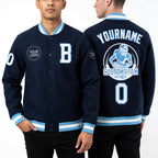 Custom Royal White-Light Blue Bomber Full-Snap Varsity Letterman Jacket worn front and back