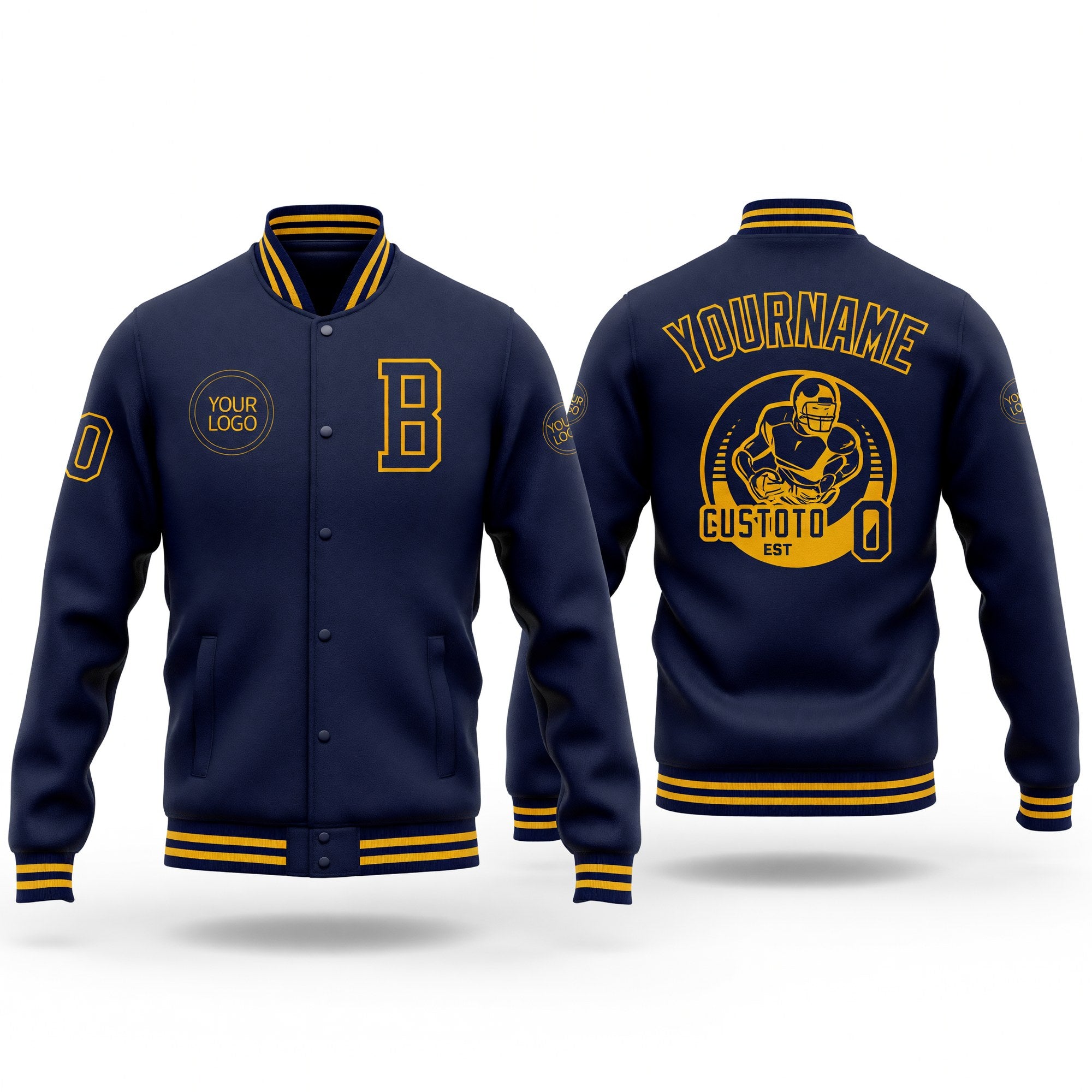 Custom Navy Gold Bomber Full-Snap Varsity Letterman Jacket