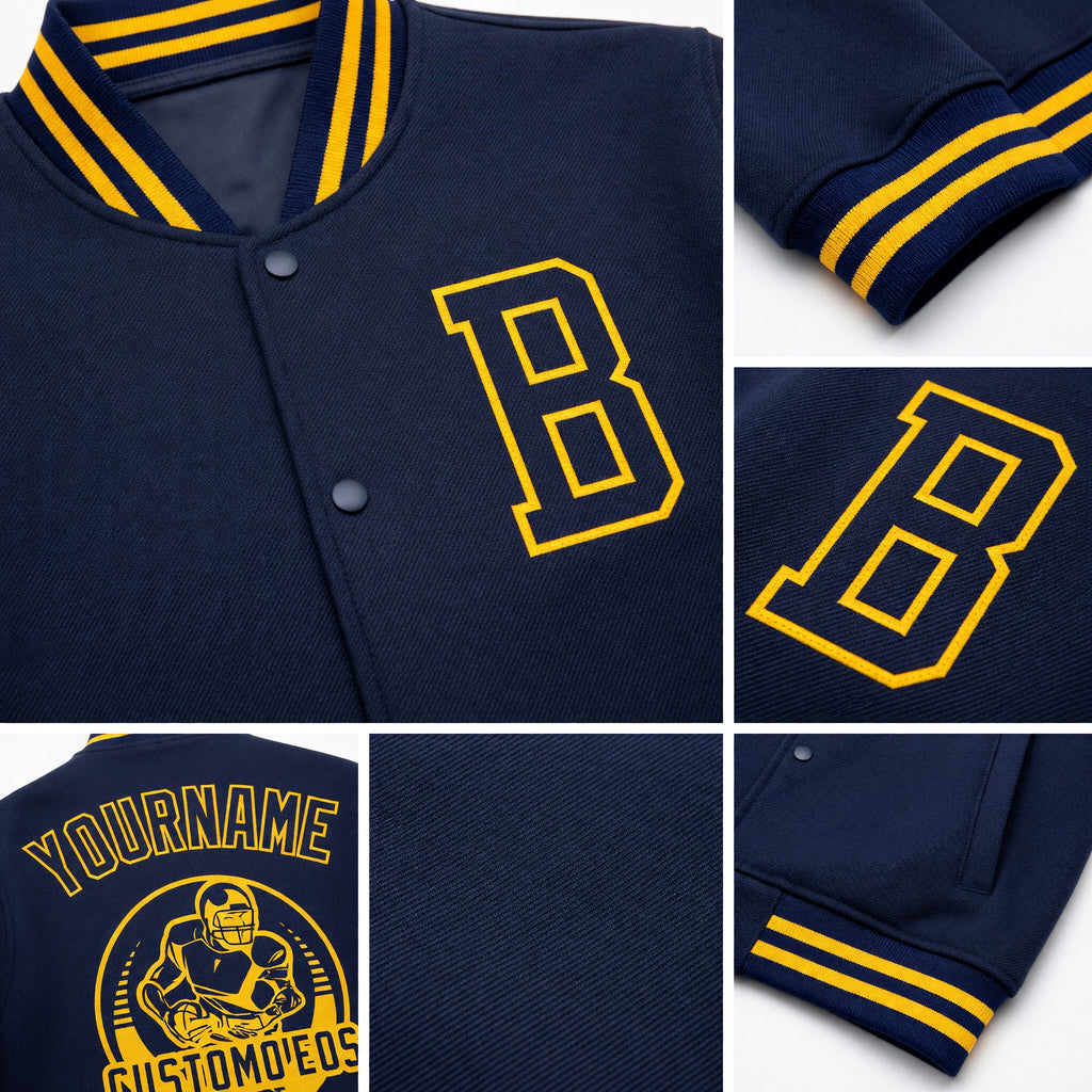 Custom Navy Gold Bomber Full-Snap Varsity Letterman Jacket detail