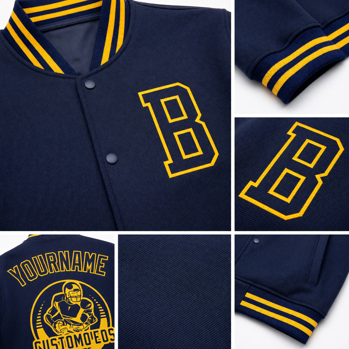 Custom Navy Gold Bomber Full-Snap Varsity Letterman Jacket detail