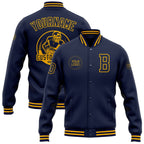 Custom Navy Gold Bomber Full-Snap Varsity Letterman Jacket photo 1