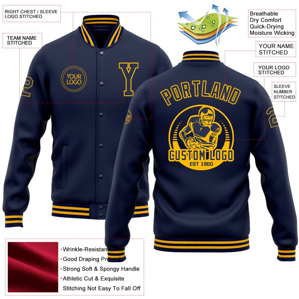 Custom Navy Gold Bomber Full-Snap Varsity Letterman Jacket photo 5