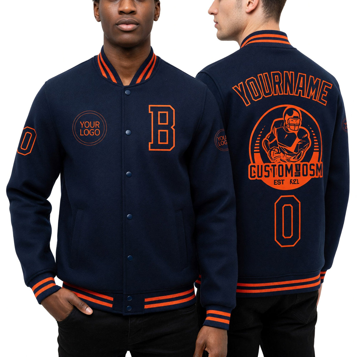 Custom Navy Orange Bomber Full-Snap Varsity Letterman Jacket worn front and back