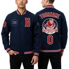 Custom Navy Red-White Bomber Full-Snap Varsity Letterman Jacket worn front and back