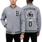 Custom Gray Black-White Bomber Full-Snap Varsity Letterman Jacket worn front and back