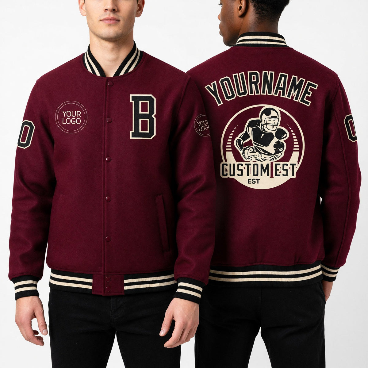 Custom Crimson Black-Cream Bomber Full-Snap Varsity Letterman Jacket worn front and back