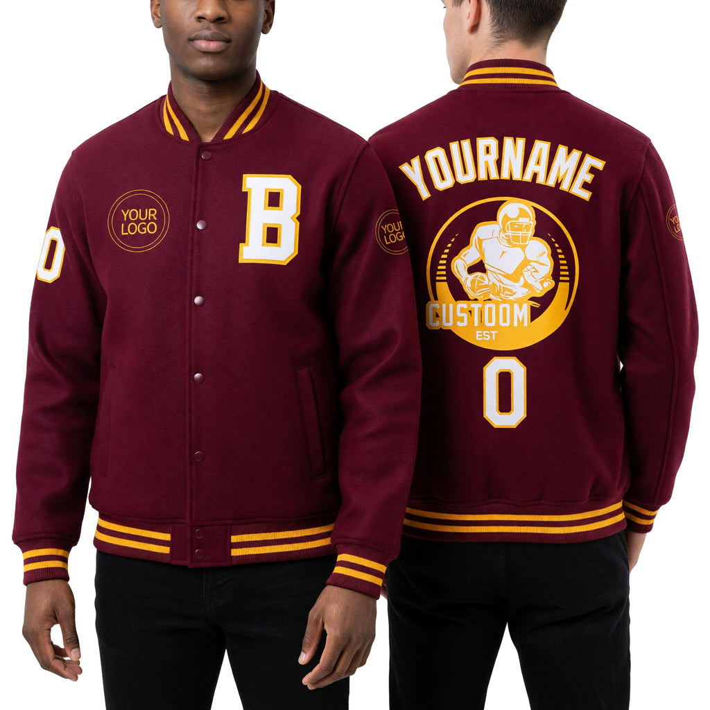 Custom Crimson White-Gold Bomber Full-Snap Varsity Letterman Jacket worn front and back