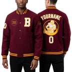 Custom Crimson White-Gold Bomber Full-Snap Varsity Letterman Jacket worn front and back